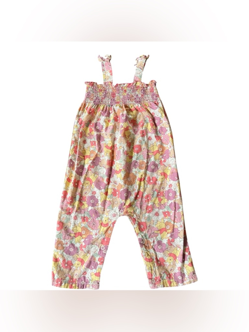 Disney Winnie the Pooh Floral Smocked Romper Overalls Pink Yellow Cotton 12M
